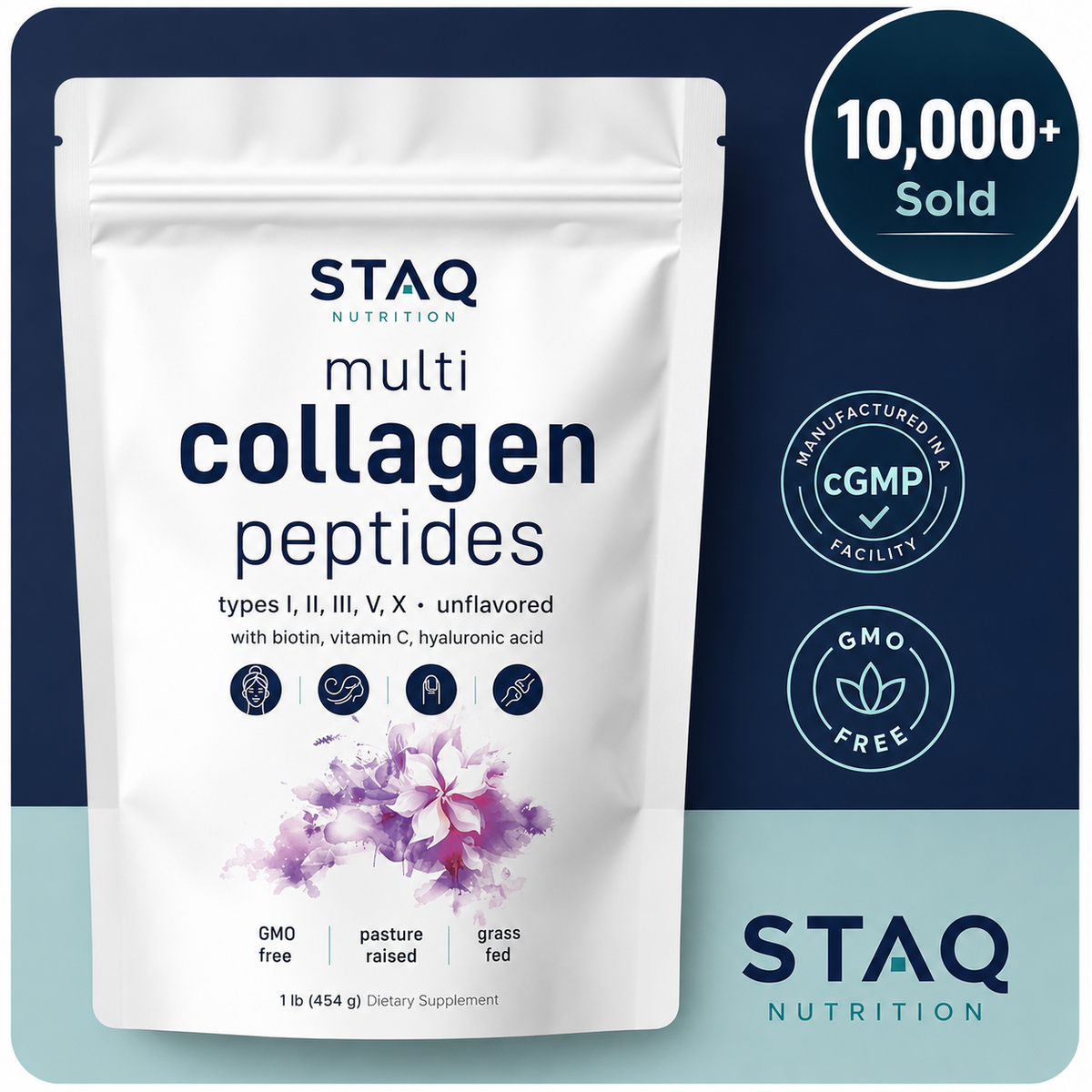 STAQ Multi Collagen Peptides Powder - Hydrolyzed Protein Peptides (Type I,II,III,V,X) with Hyaluronic Acid, Biotin & Vitamin C