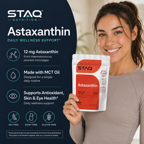 STAQ Astaxanthin 12mg | Natural Tanning, Fresh Microalgae Source, Easy to Swallow