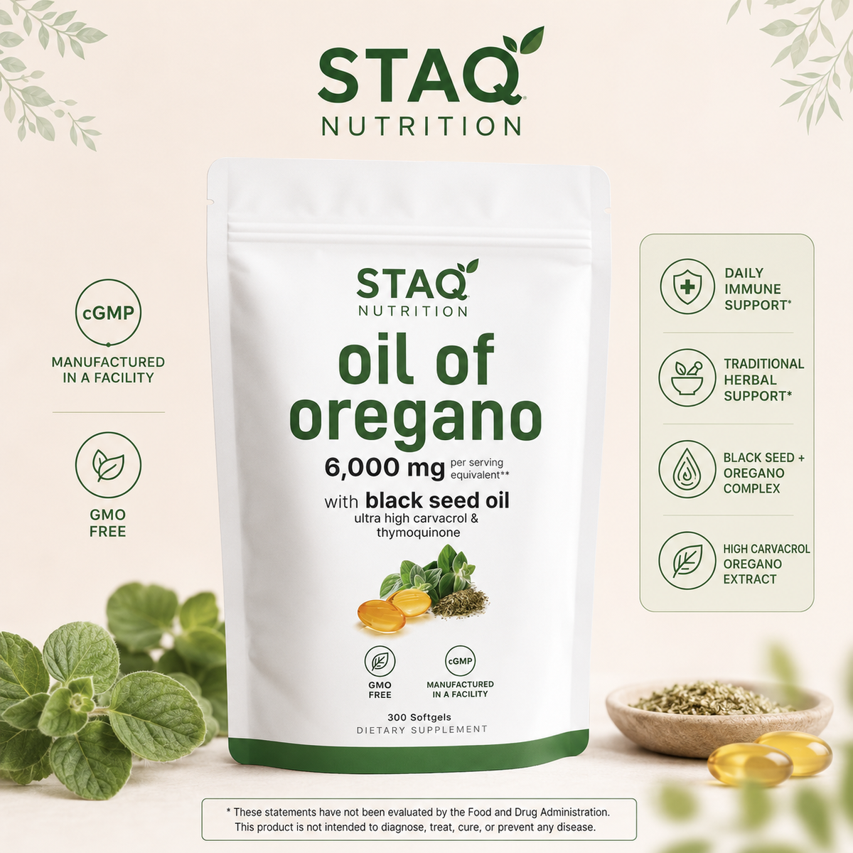 STAQ Oregano Oil with Black Seed Oil, Softgel, 4X Strength Carvacrol & Thymoquinone | Plant Based, Non-GMO