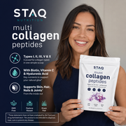 STAQ Multi Collagen Peptides Powder - Hydrolyzed Protein Peptides (Type I,II,III,V,X) with Hyaluronic Acid, Biotin & Vitamin C
