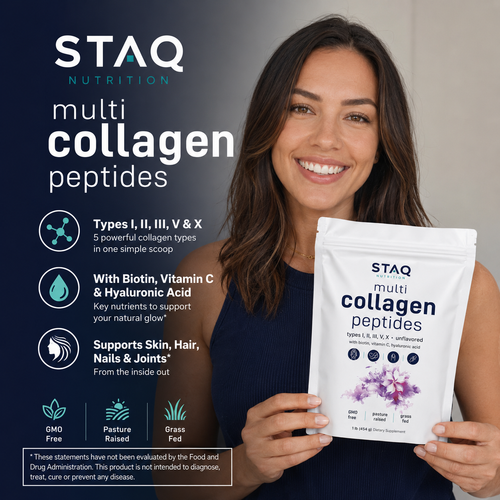 STAQ Multi Collagen Peptides Powder - Hydrolyzed Protein Peptides (Type I,II,III,V,X) with Hyaluronic Acid, Biotin & Vitamin C